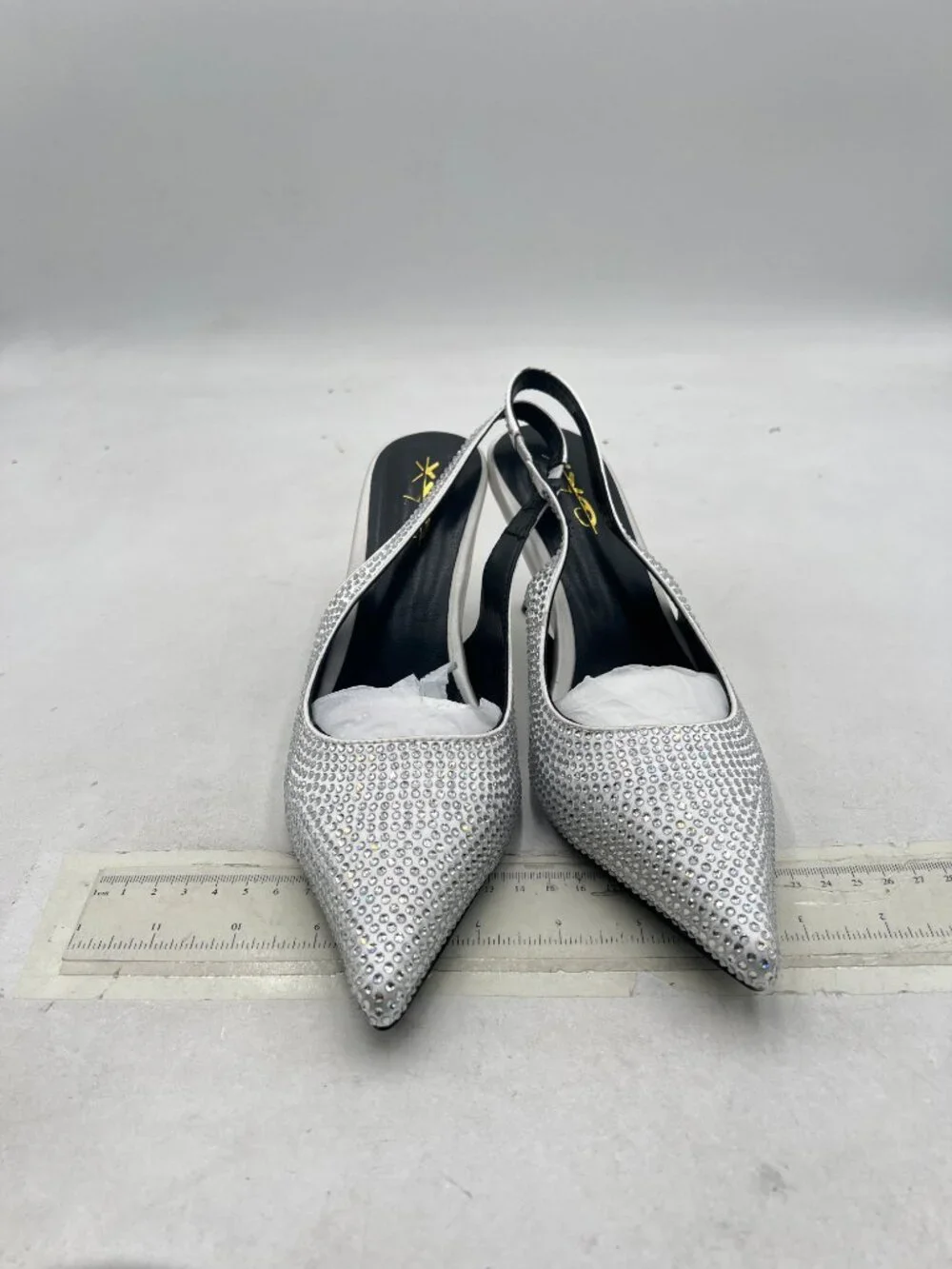 XYD Silver Pointed Toe Pump Rhinestones Crystals Thin Heels Slingback Strap Shoe